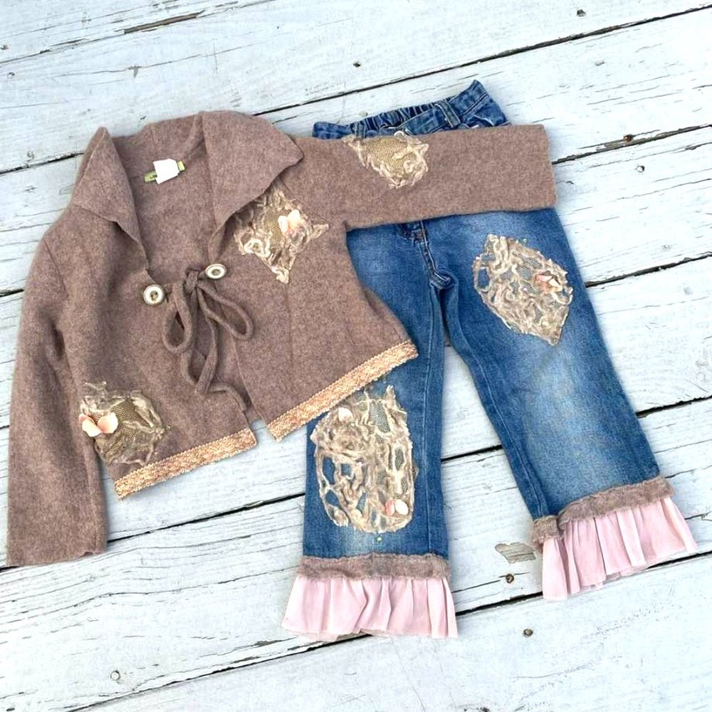 Little Mass Ruffle Jeans and Cardigan Set Cozy Lace Embellished